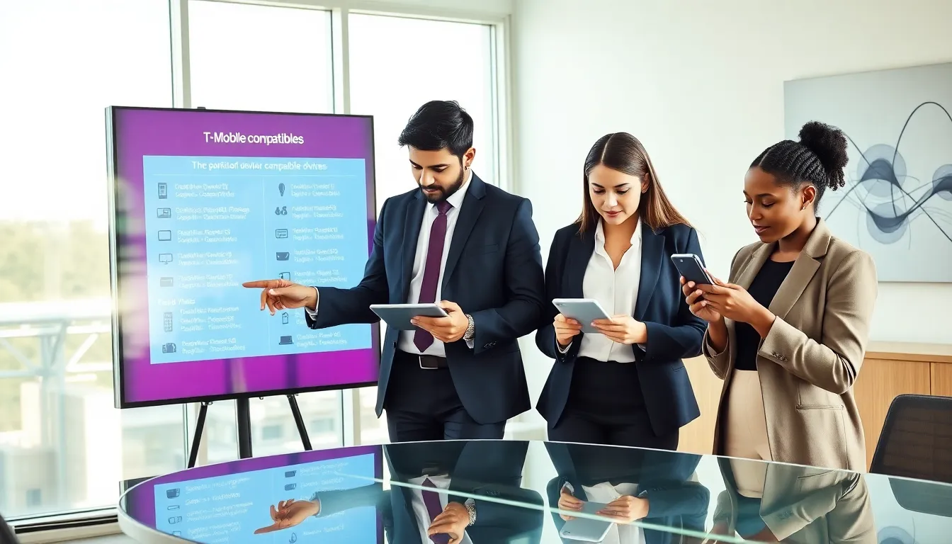 diverse team discussing T-Mobile compatible phones in a modern office.