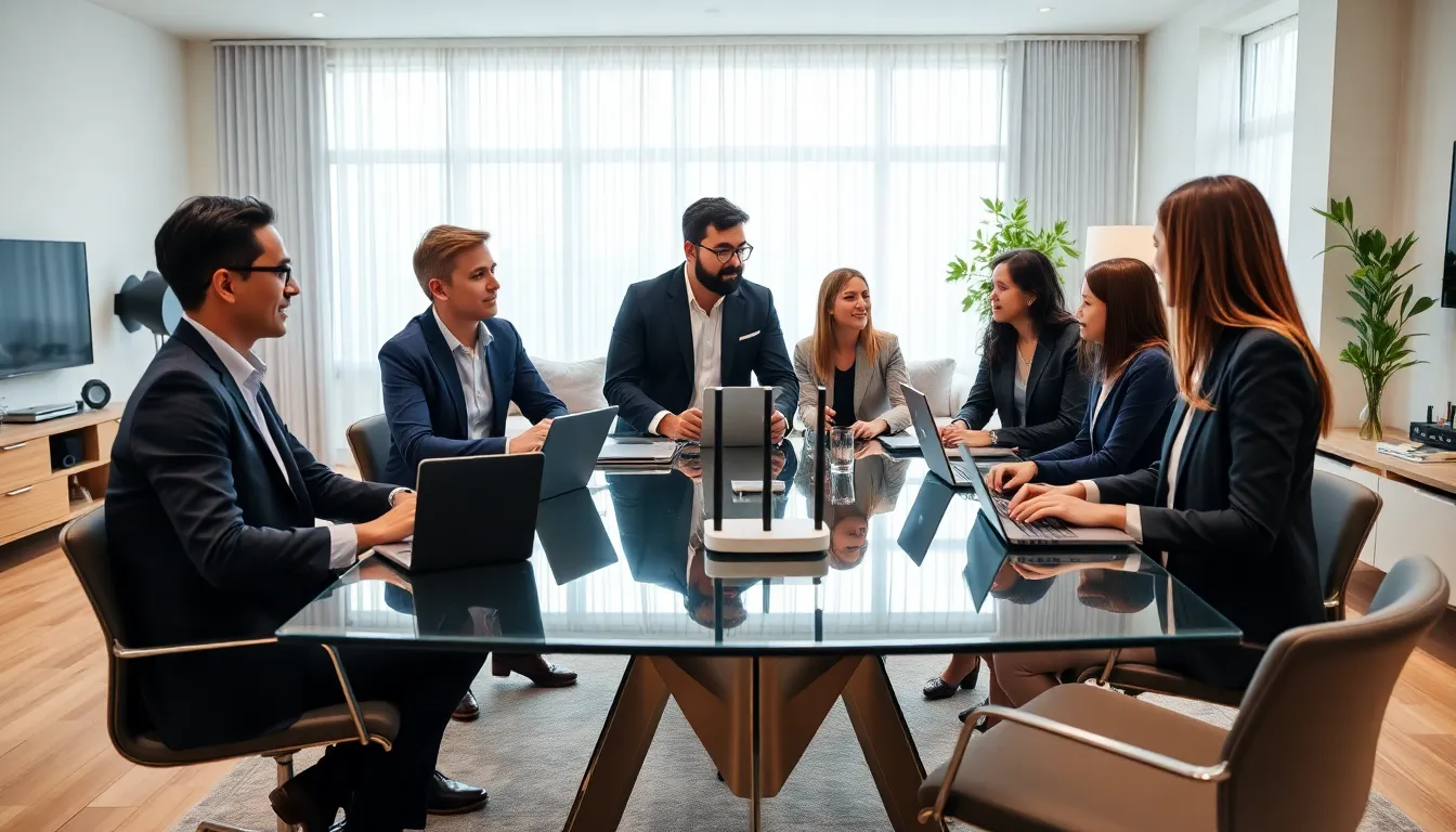 diverse professionals discussing home networking solutions in an office setting.