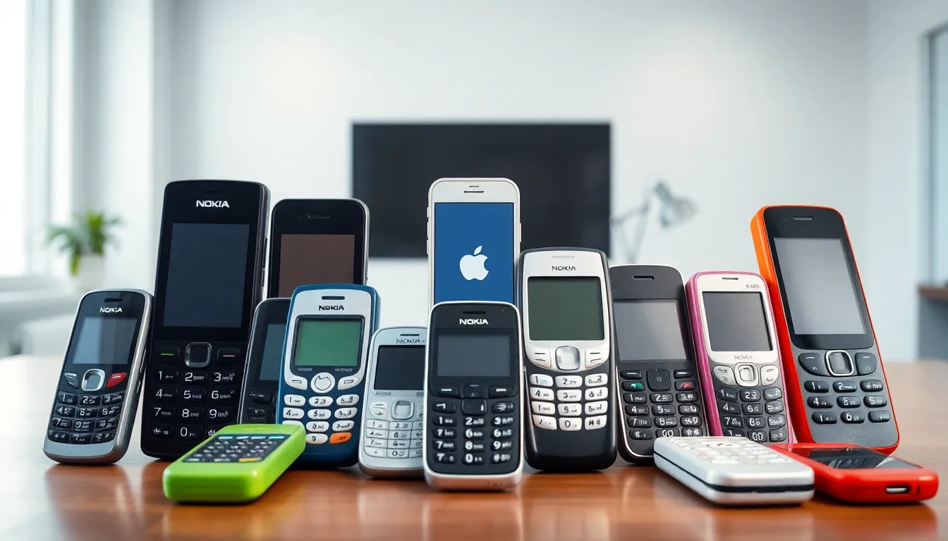 arrangement of feature phones and early smartphones from the 2000s.