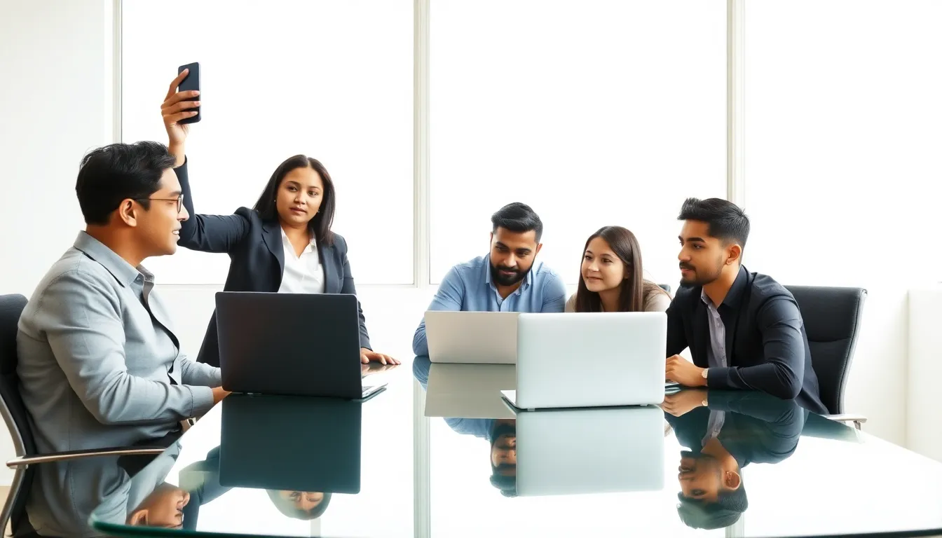 diverse team discussing unlocked phones in a modern office.