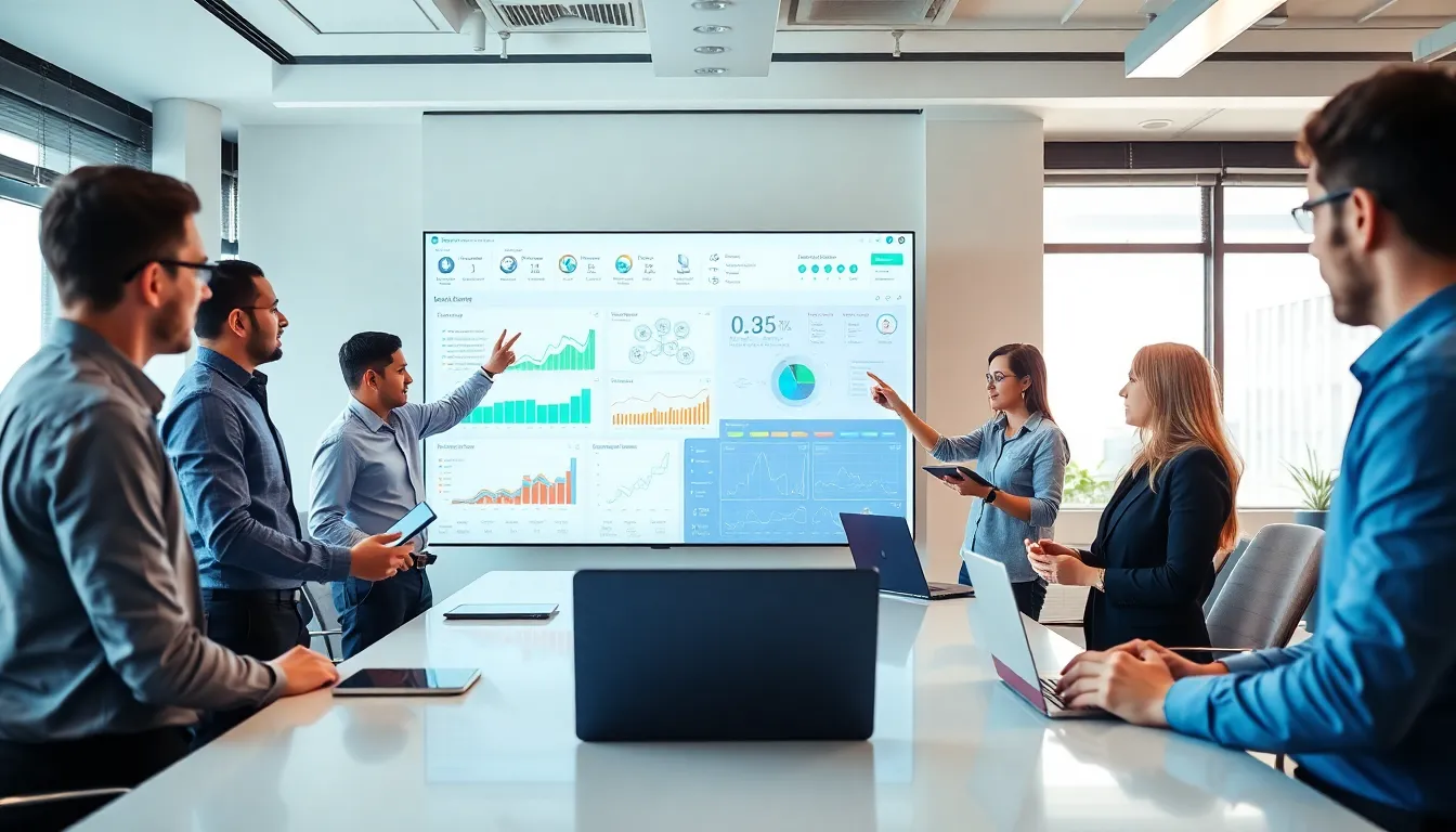 diverse IT team discussing infrastructure management software in a modern office.