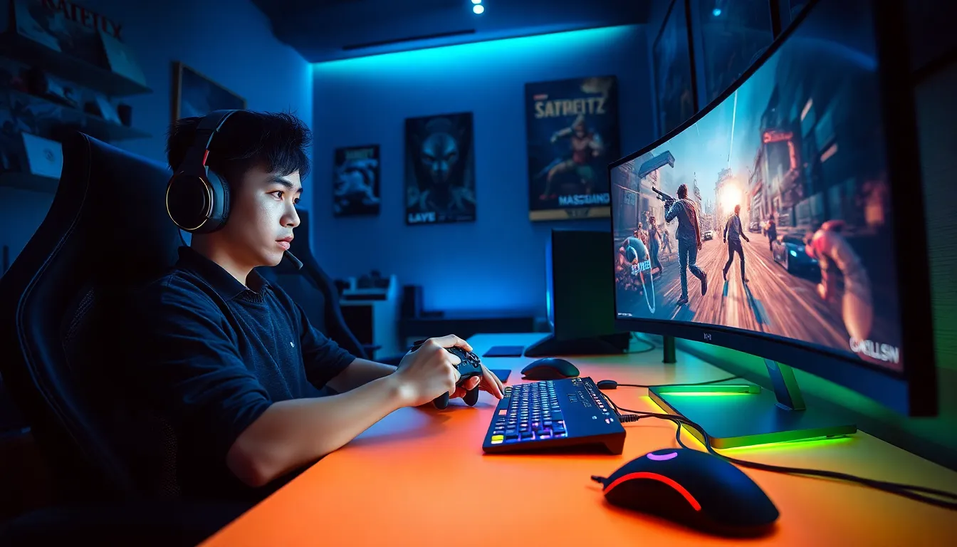 a young gamer with high-tech gadgets at a vibrant gaming setup.
